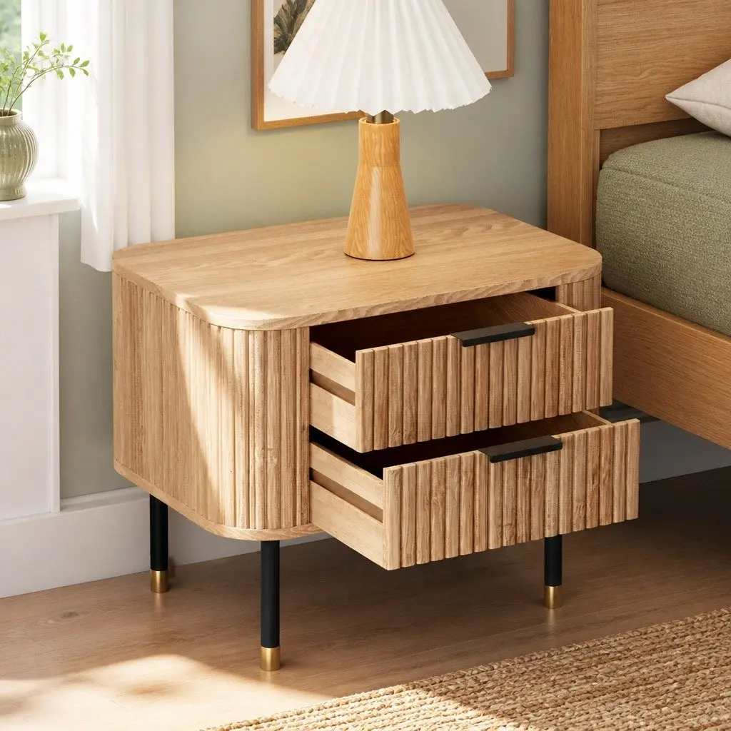 Bedside Table Pine Wood 2 Drawers MDF Top Metal Legs 56cm W x 42cm D x 45.5cm H