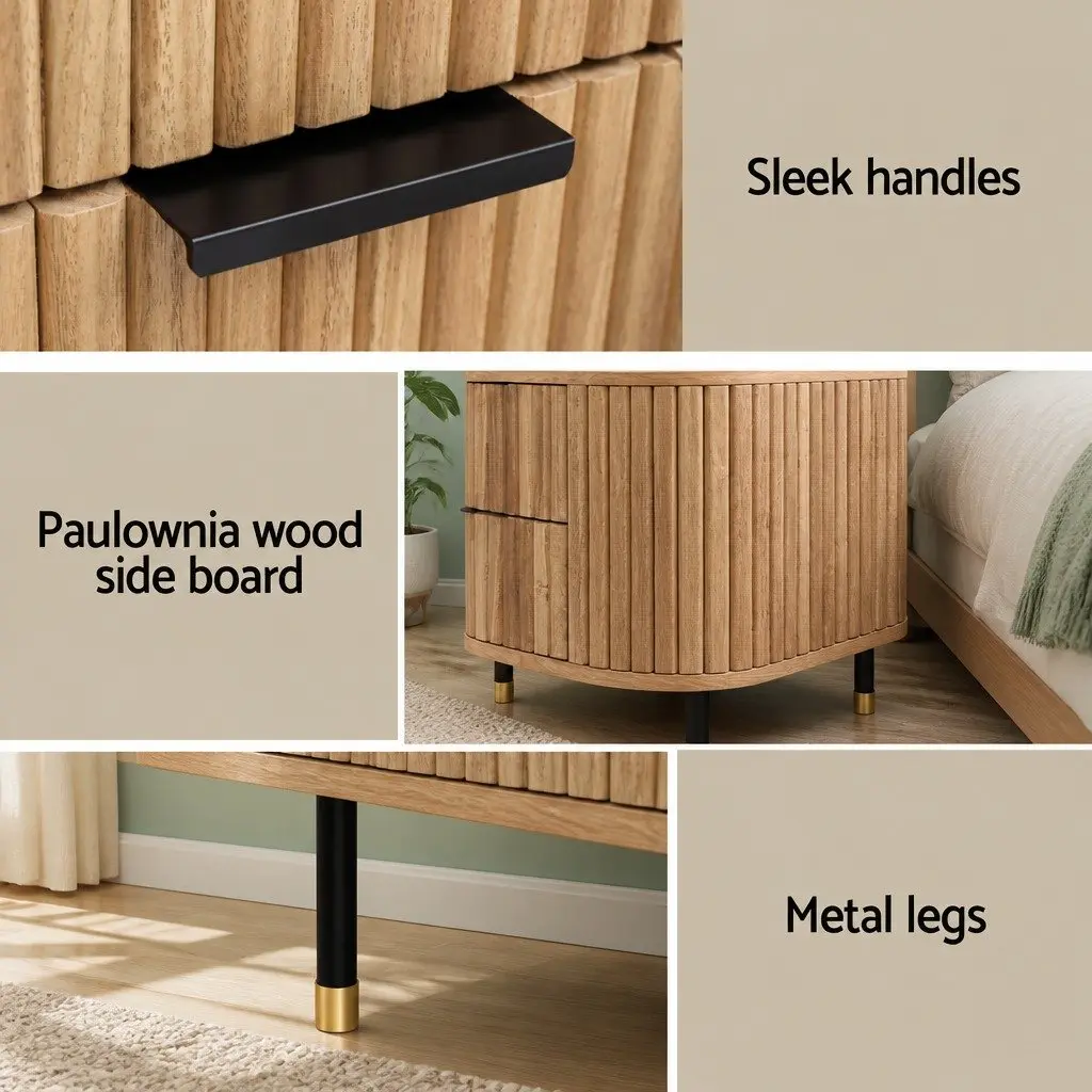 Bedside Table Pine Wood 2 Drawers MDF Top Metal Legs 56cm W x 42cm D x 45.5cm H