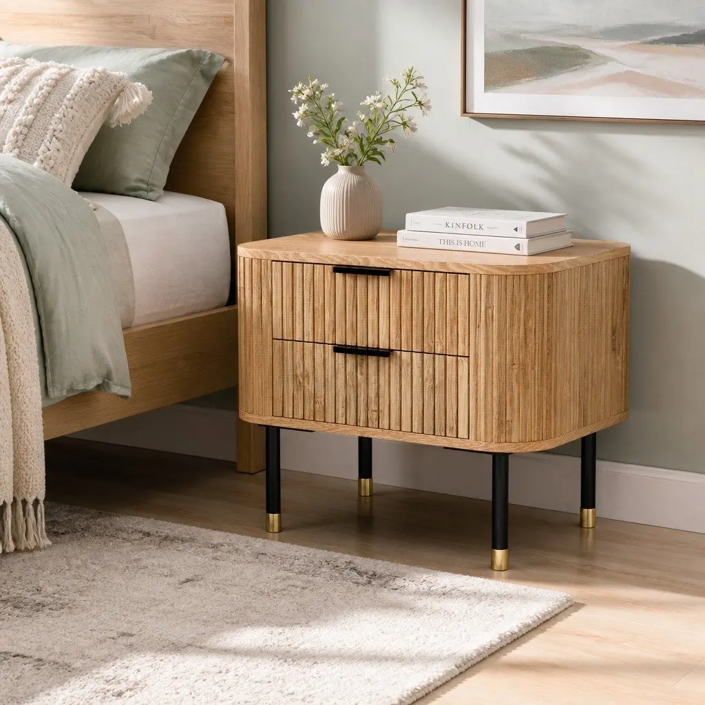 Bedside Table Pine Wood 2 Drawers MDF Top Metal Legs 56cm W x 42cm D x 45.5cm H