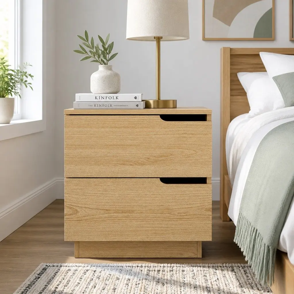 Bedside Table Pine Wood Effect 48cm x 40cm x 48.5cm Particle Board