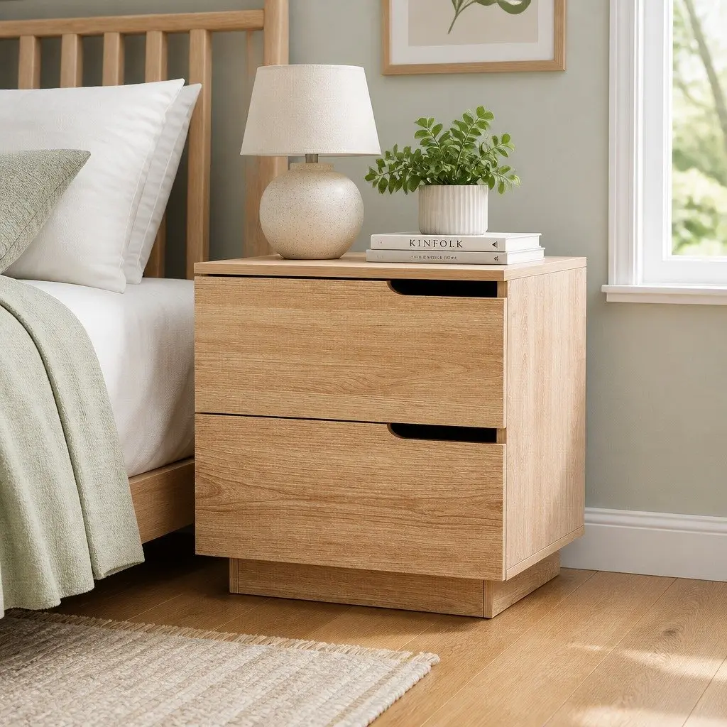 Bedside Table Pine Wood Effect 48cm x 40cm x 48.5cm Particle Board