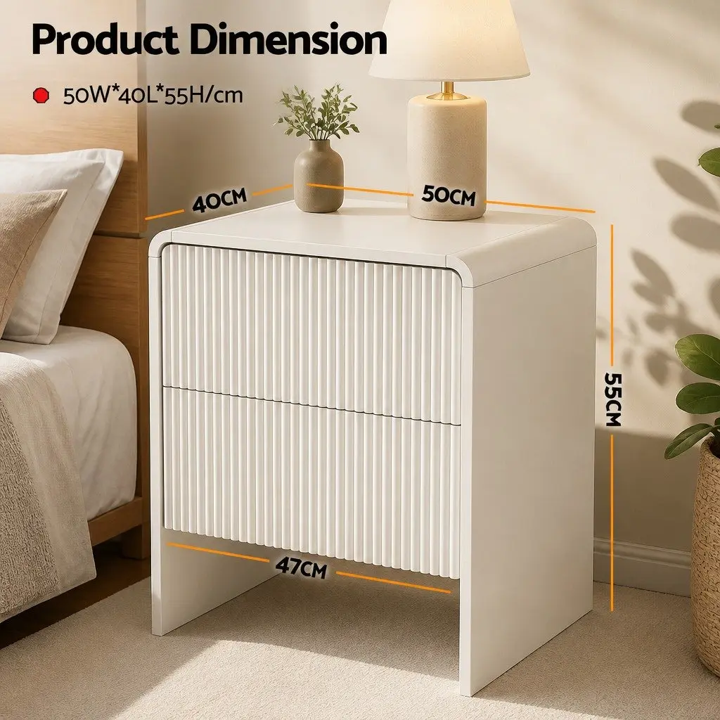 Bedside Table Beige MDF 2 Drawers Storage Cabinet