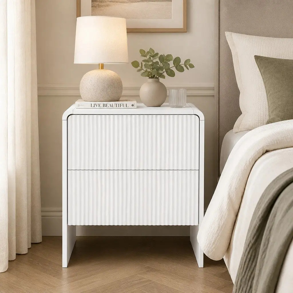 Bedside Table Beige MDF 2 Drawers Storage Cabinet