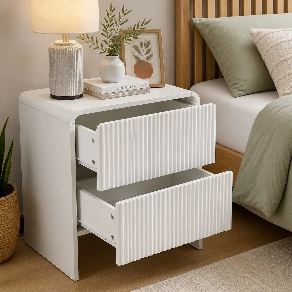Bedside Table Beige MDF 2 Drawers Storage Cabinet
