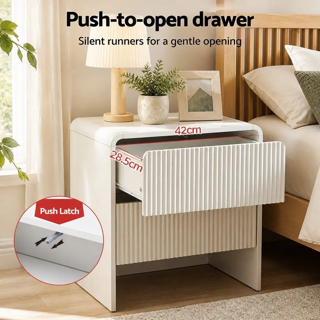 Bedside Table Beige MDF 2 Drawers Storage Cabinet