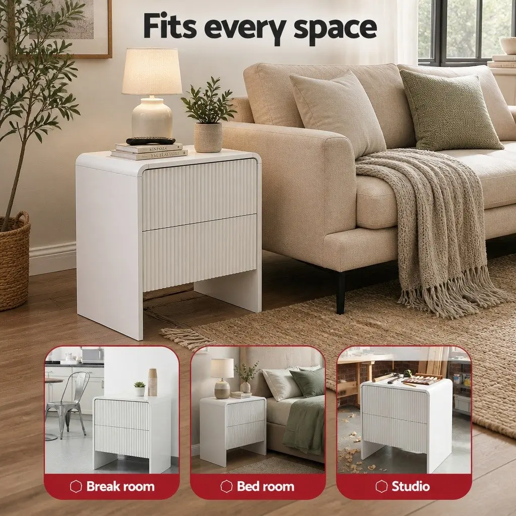 Bedside Table Beige MDF 2 Drawers Storage Cabinet
