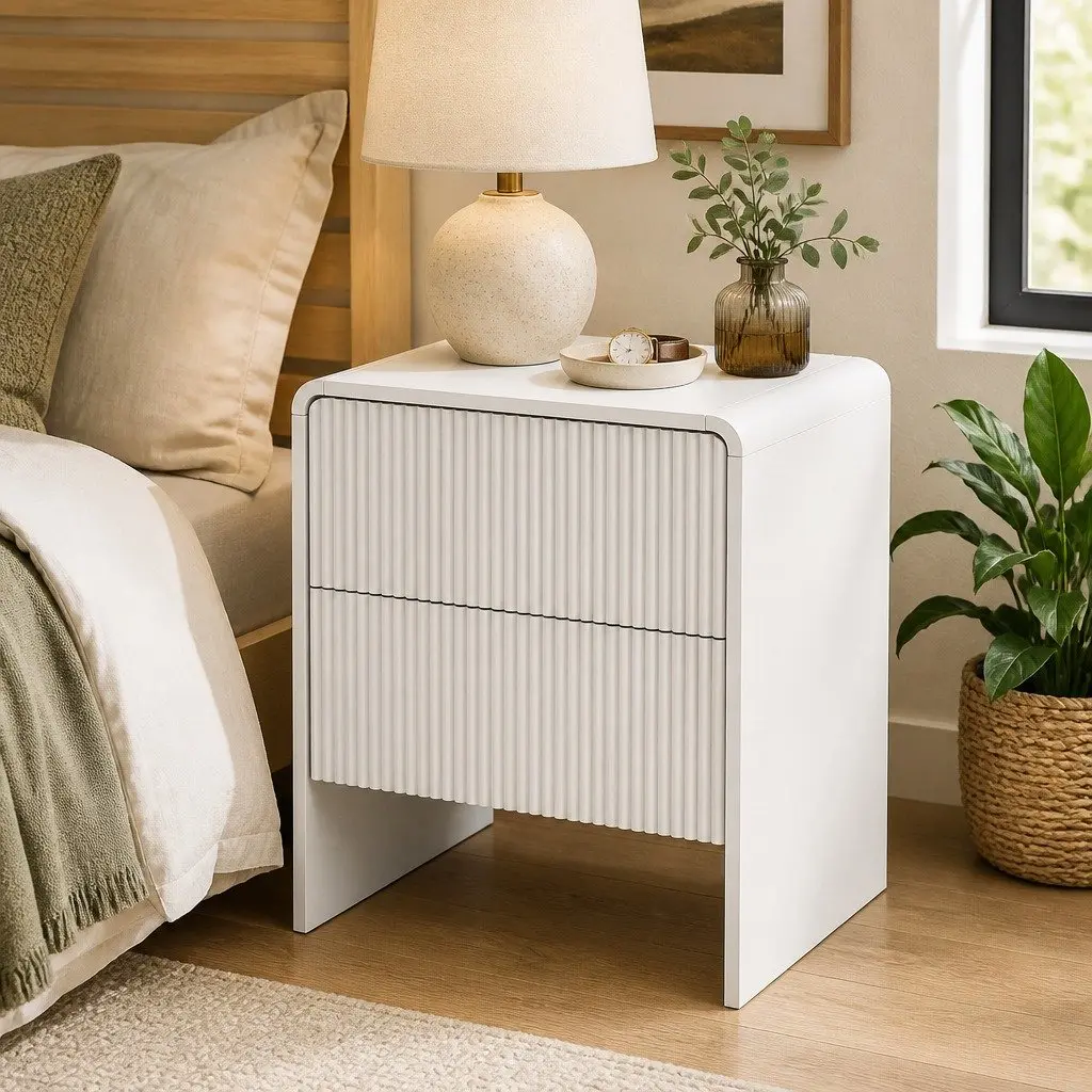 Bedside Table Beige MDF 2 Drawers Storage Cabinet