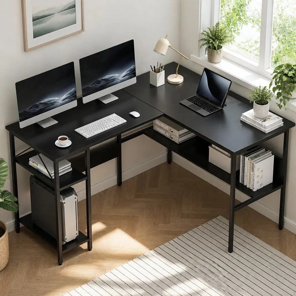 L-Shape Computer Desk Black 128 x 108 x 74cm MDF