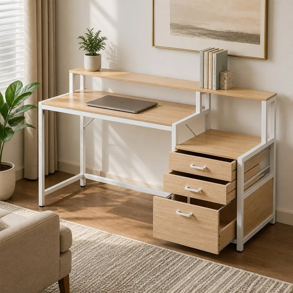Oak Computer Desk for Home Office with Drawers