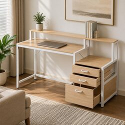 Oak Computer Desk for Home Office with Drawers