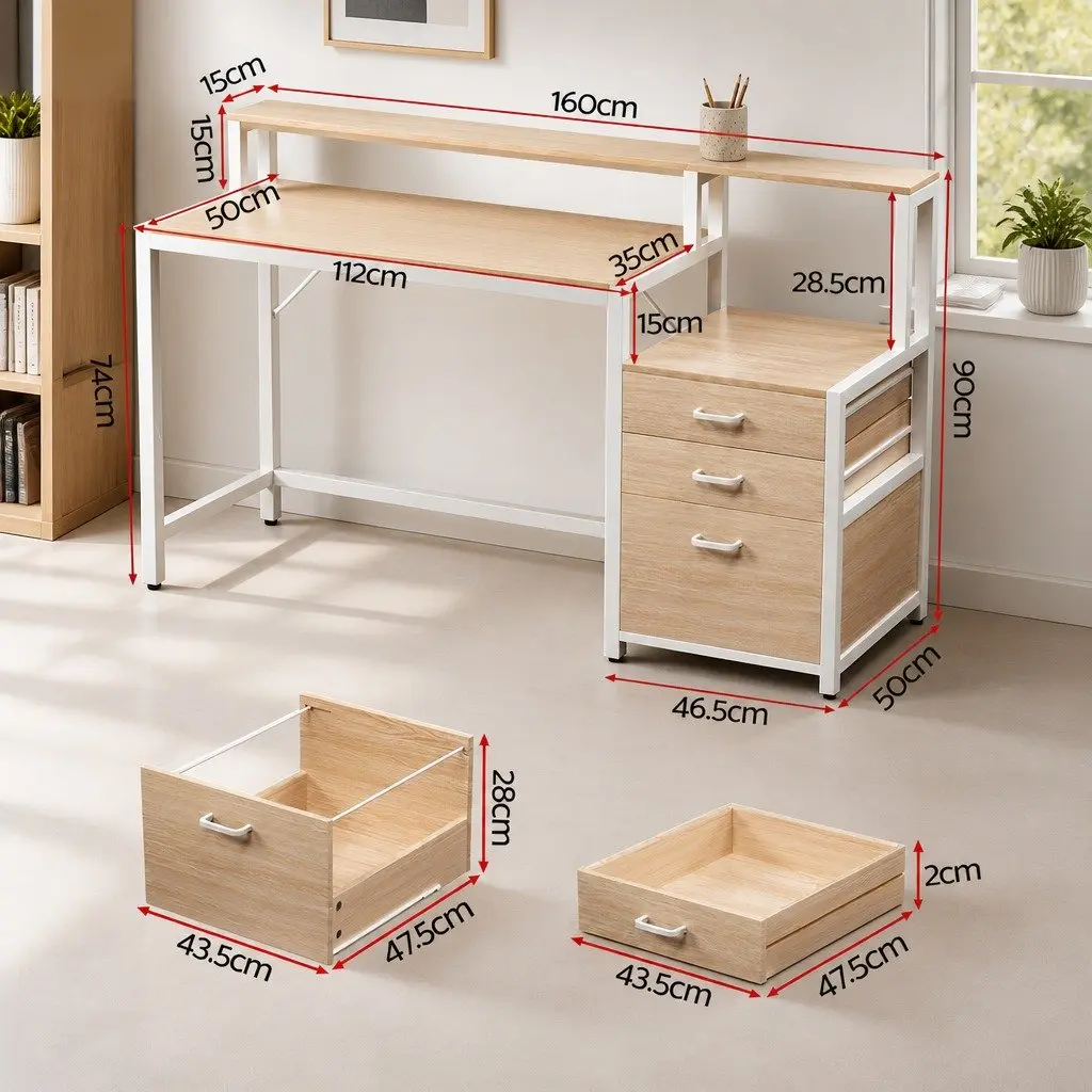 Computer Desk Oak 160cm MDF with Drawers Open Shelf
