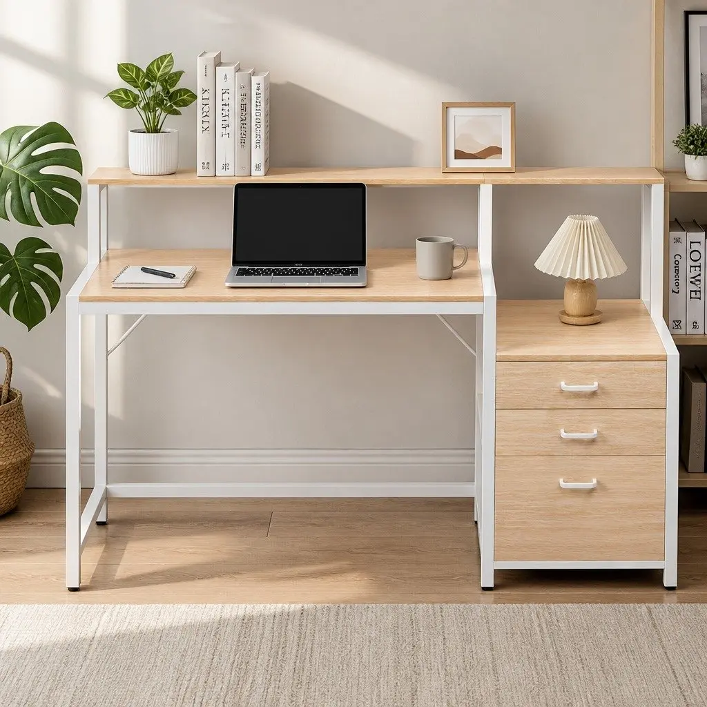 Computer Desk Oak 160cm MDF with Drawers Open Shelf