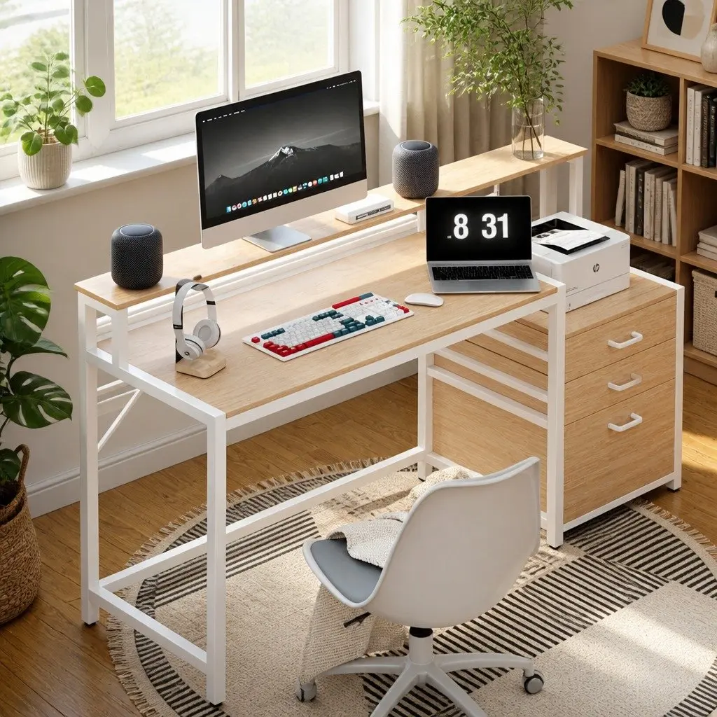 Computer Desk Oak 160cm MDF with Drawers Open Shelf
