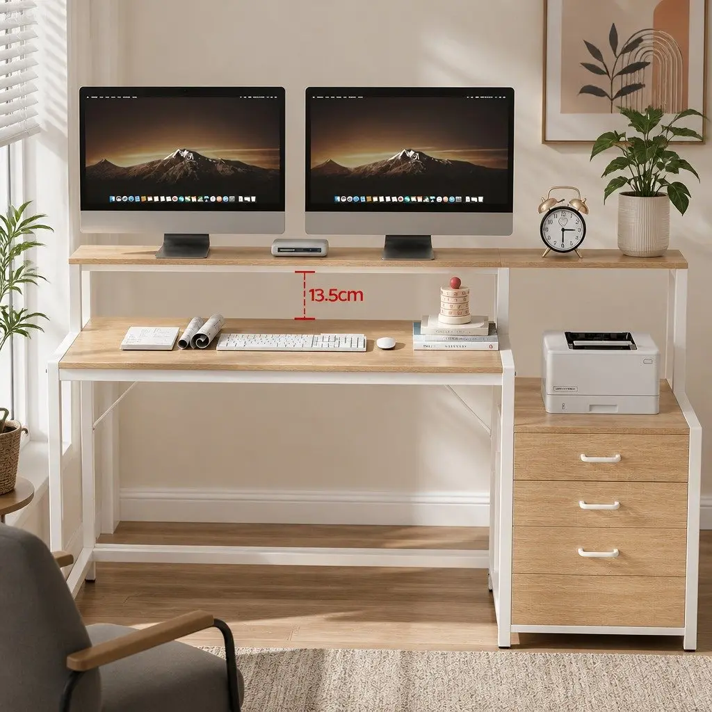 Computer Desk Oak 160cm MDF with Drawers Open Shelf