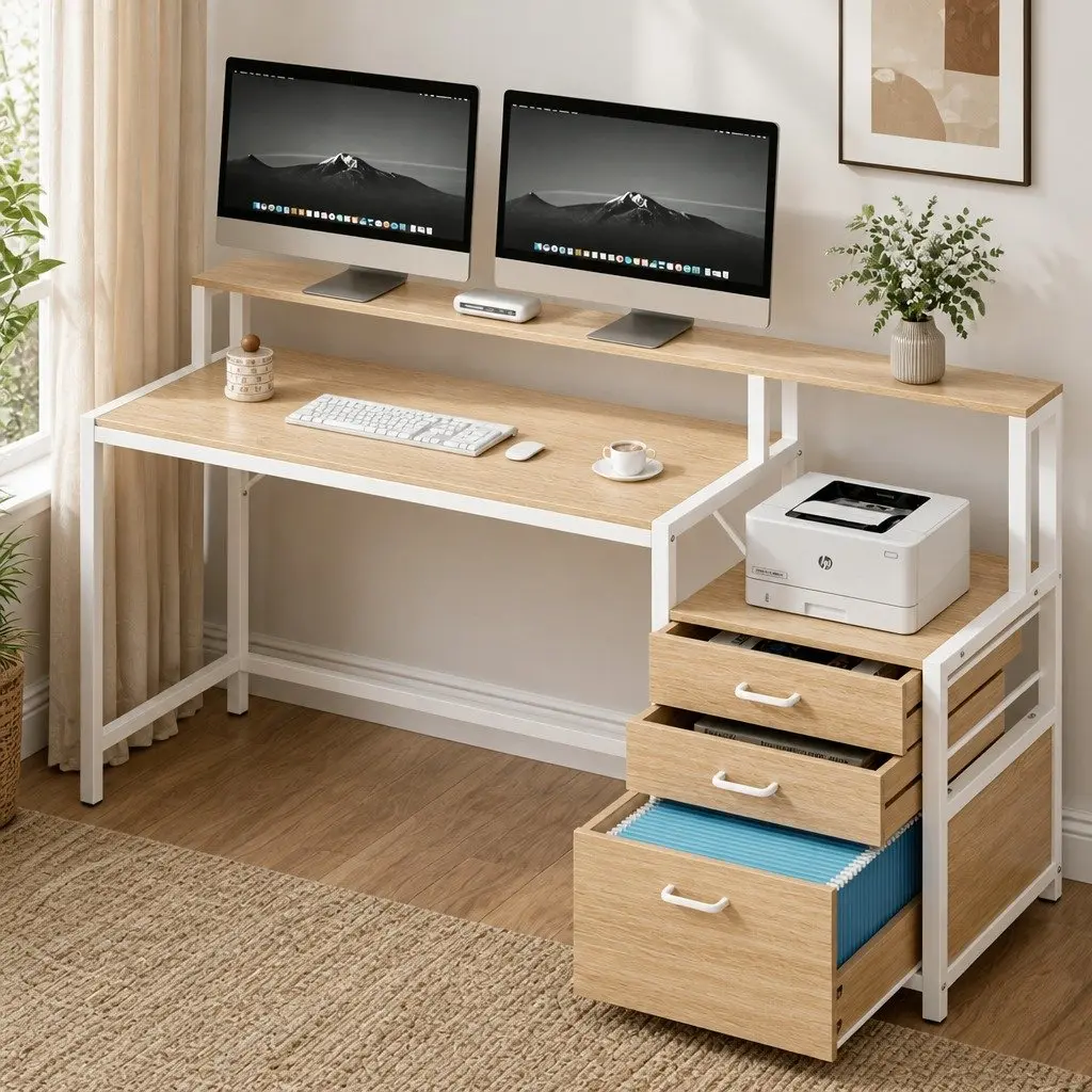 Computer Desk Oak 160cm MDF with Drawers Open Shelf