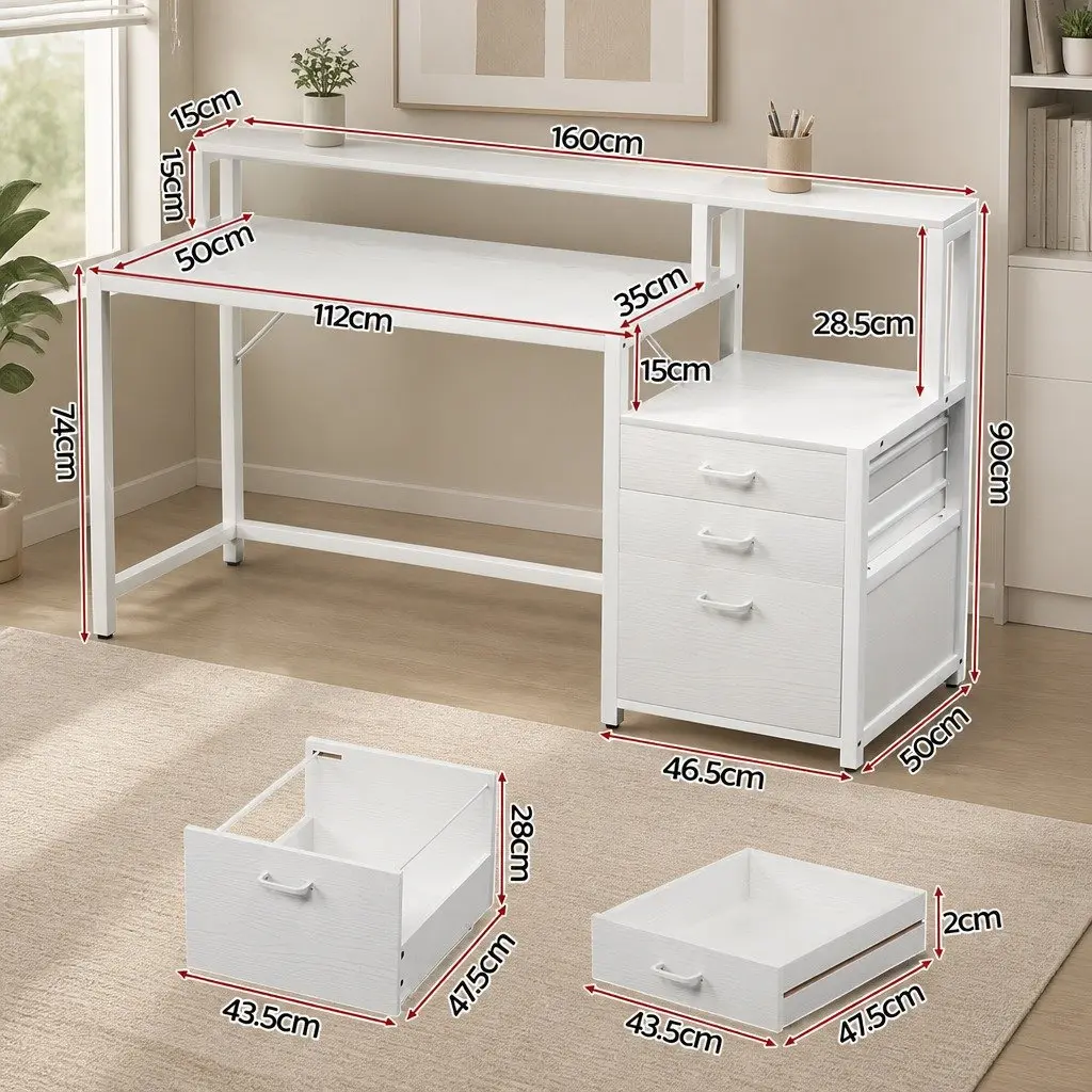 Computer Desk White 160cm MDF with Drawers Open Shelf