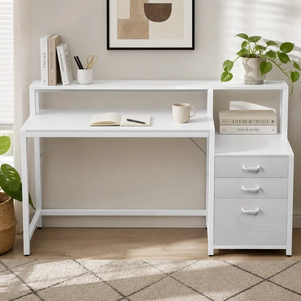 Computer Desk White 160cm MDF with Drawers Open Shelf