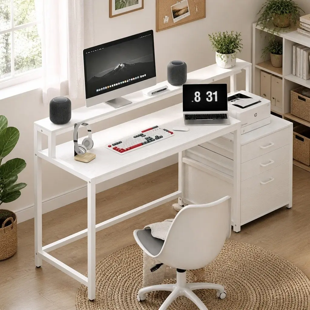 Computer Desk White 160cm MDF with Drawers Open Shelf