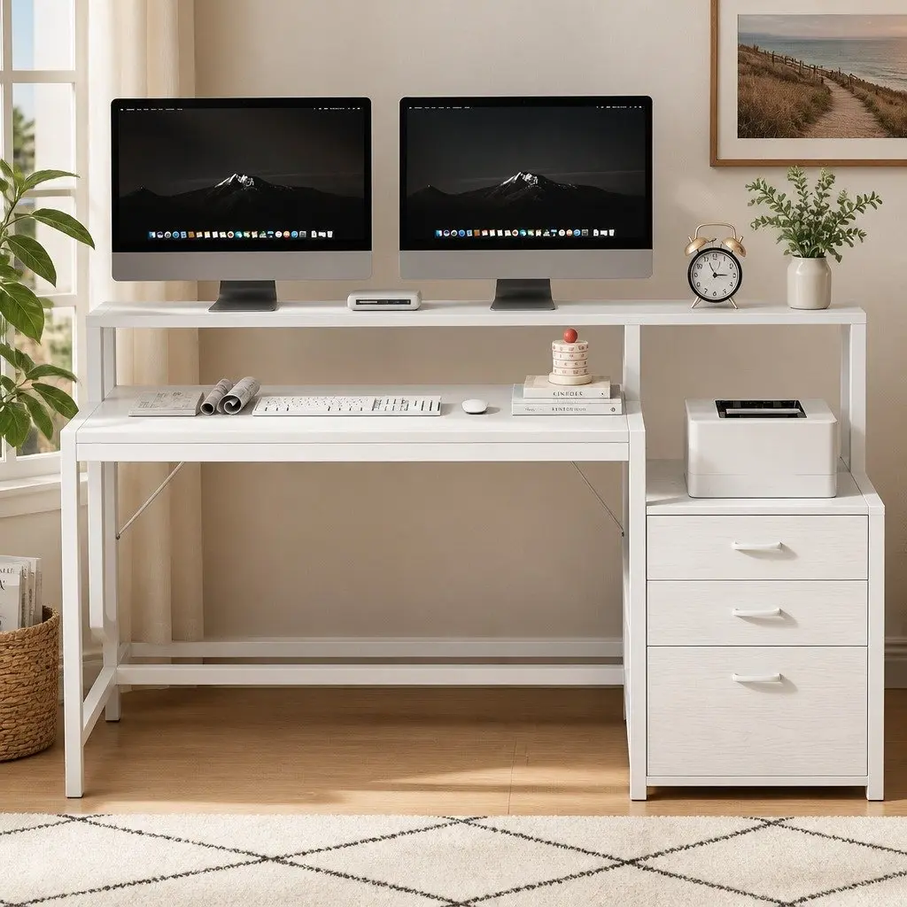 Computer Desk White 160cm MDF with Drawers Open Shelf
