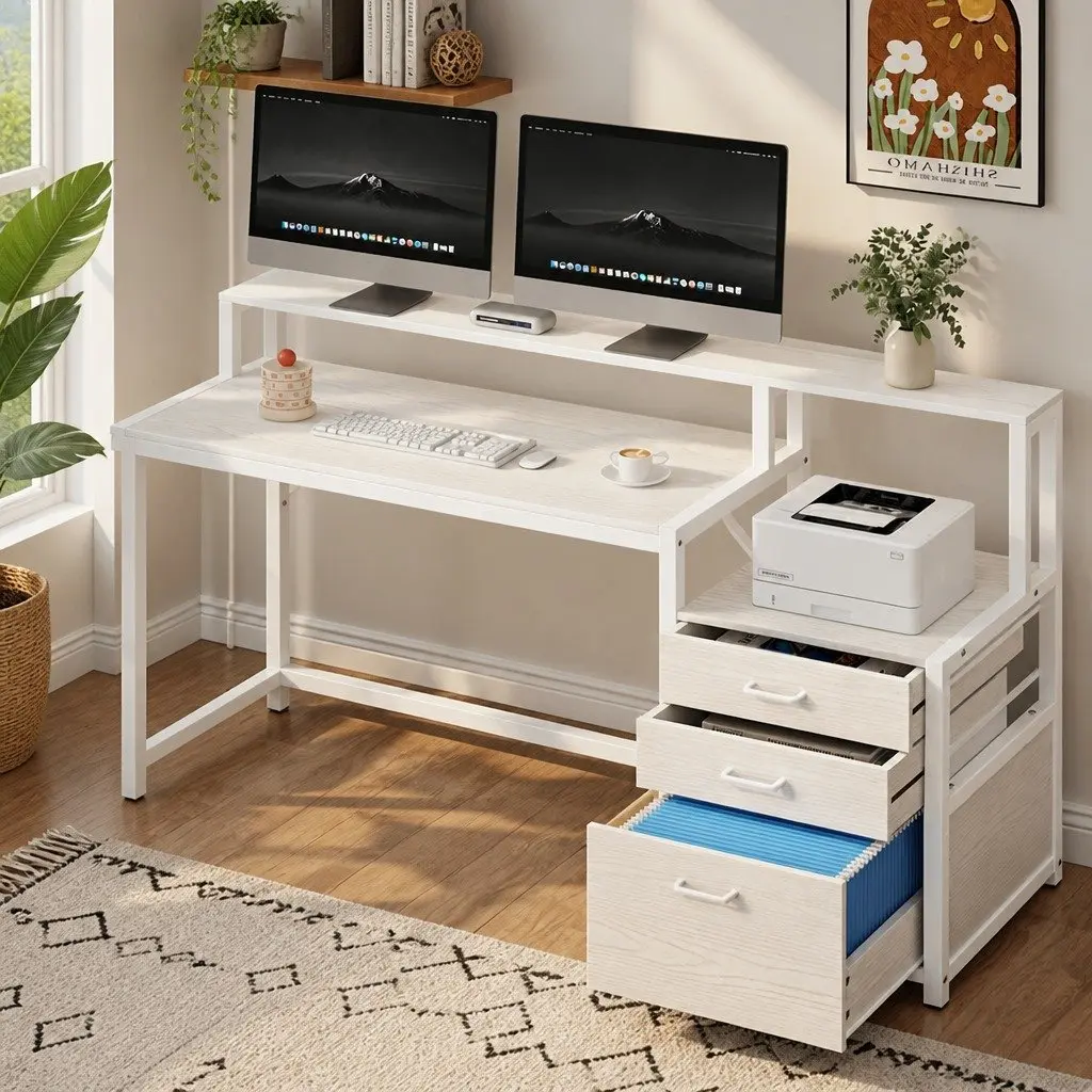Computer Desk White 160cm MDF with Drawers Open Shelf