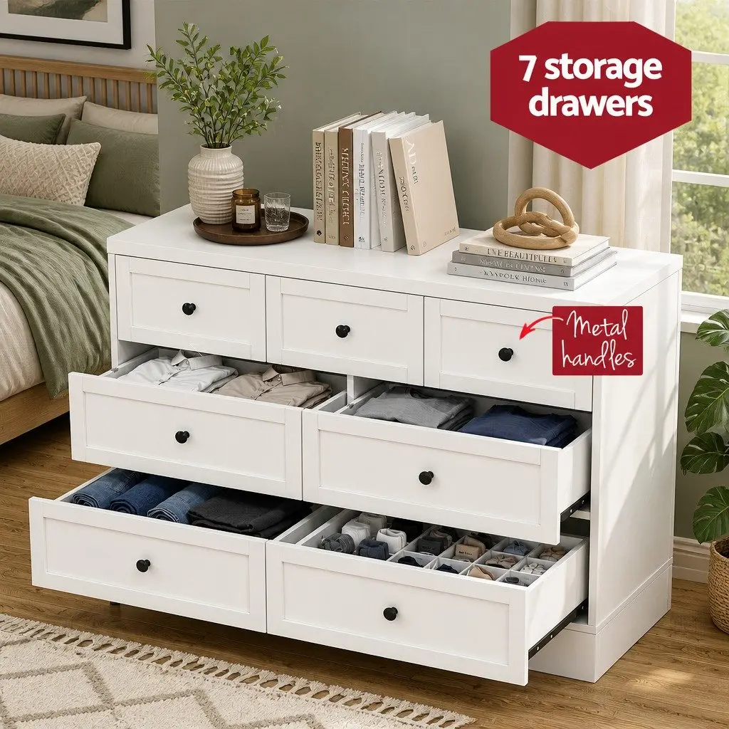 7 Drawer Chest Dresser Storage Cabinet White Bedroom Furniture