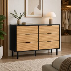 6 Drawer Chest Dresser in Black Pine with Fluted Doors