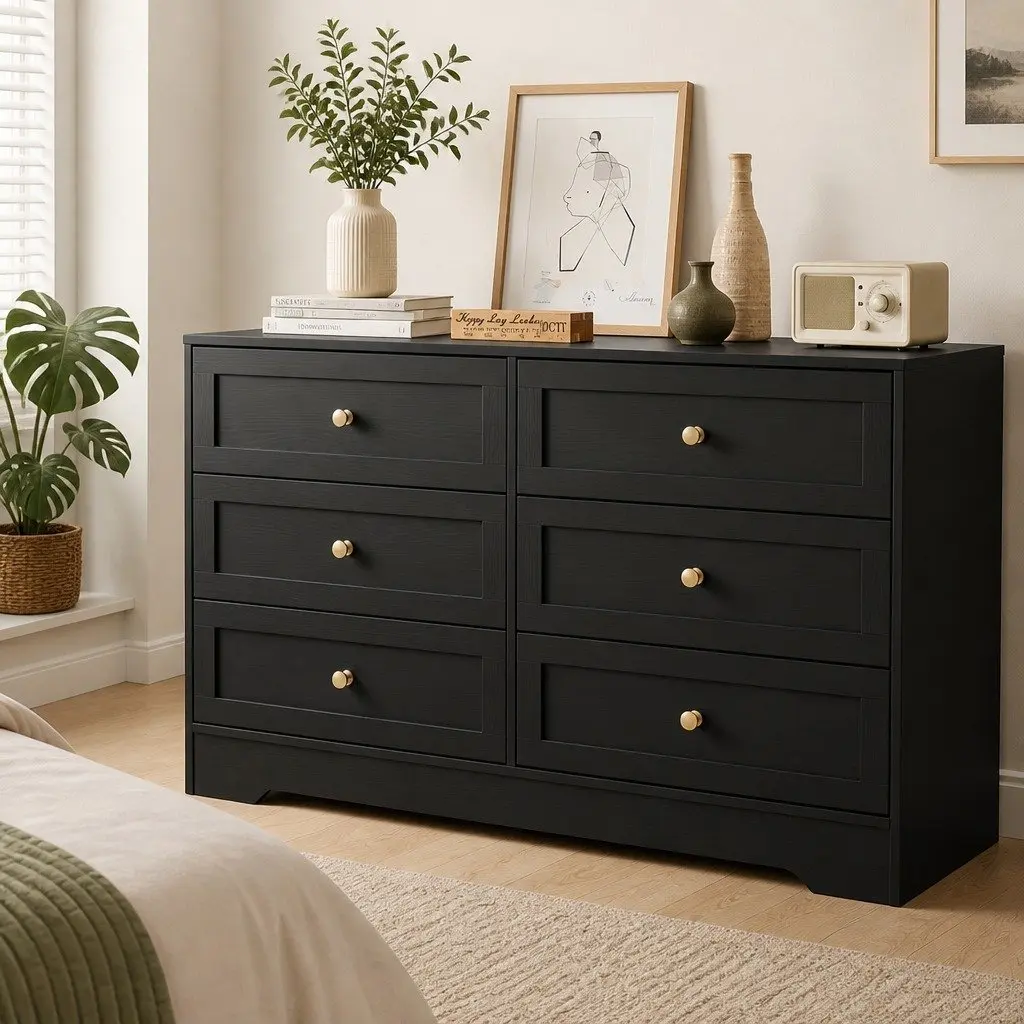 6 Drawer Chest of Drawers Tallboy Cabinet Black Particle Board Furniture