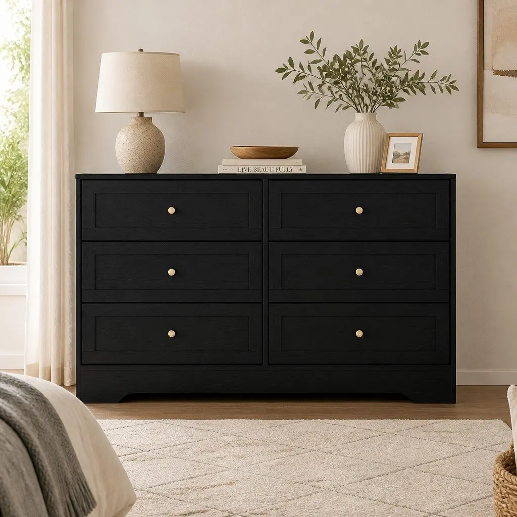 6 Drawer Chest of Drawers Tallboy Cabinet Black Particle Board Furniture