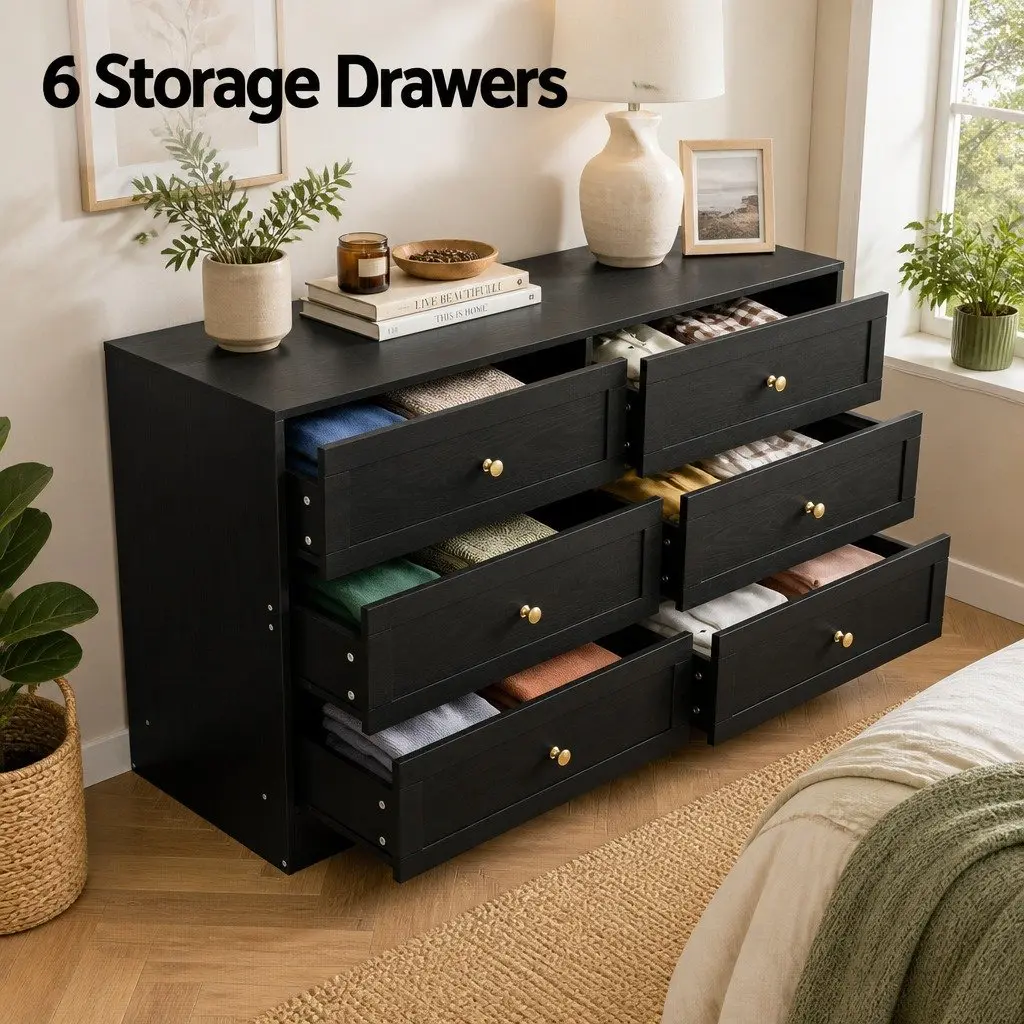 6 Drawer Chest of Drawers Tallboy Cabinet Black Particle Board Furniture