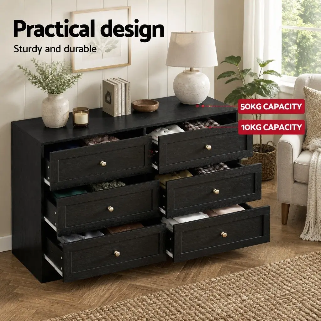 6 Drawer Chest of Drawers Tallboy Cabinet Black Particle Board Furniture