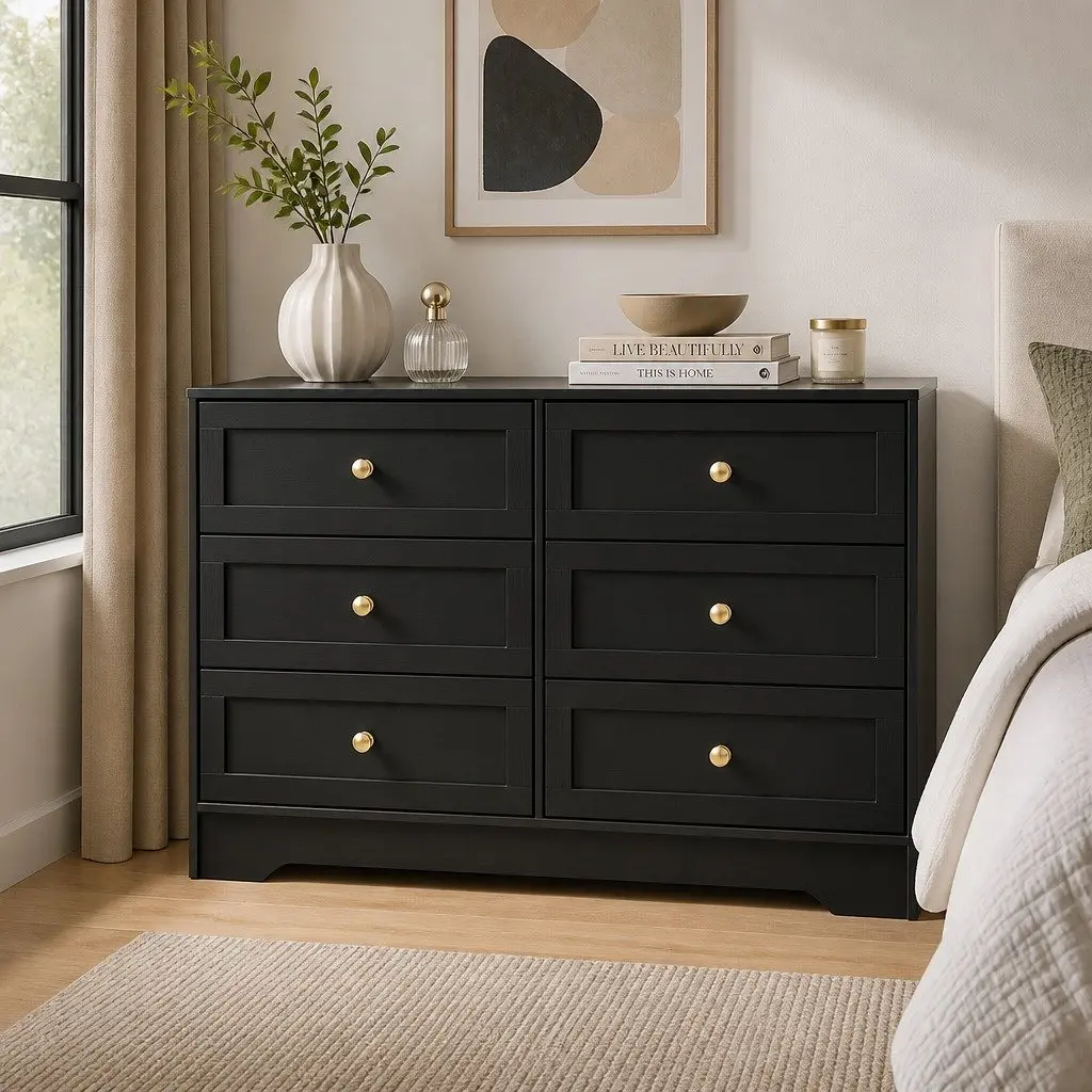 6 Drawer Chest of Drawers Tallboy Cabinet Black Particle Board Furniture