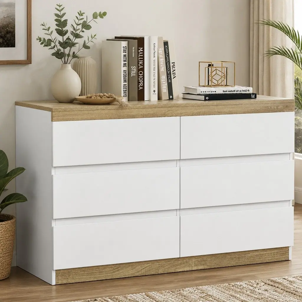6 Drawer Chest for Bedroom Storage in White Oak