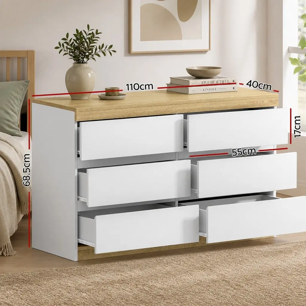 6 Drawer Chest for Bedroom Storage in White Oak