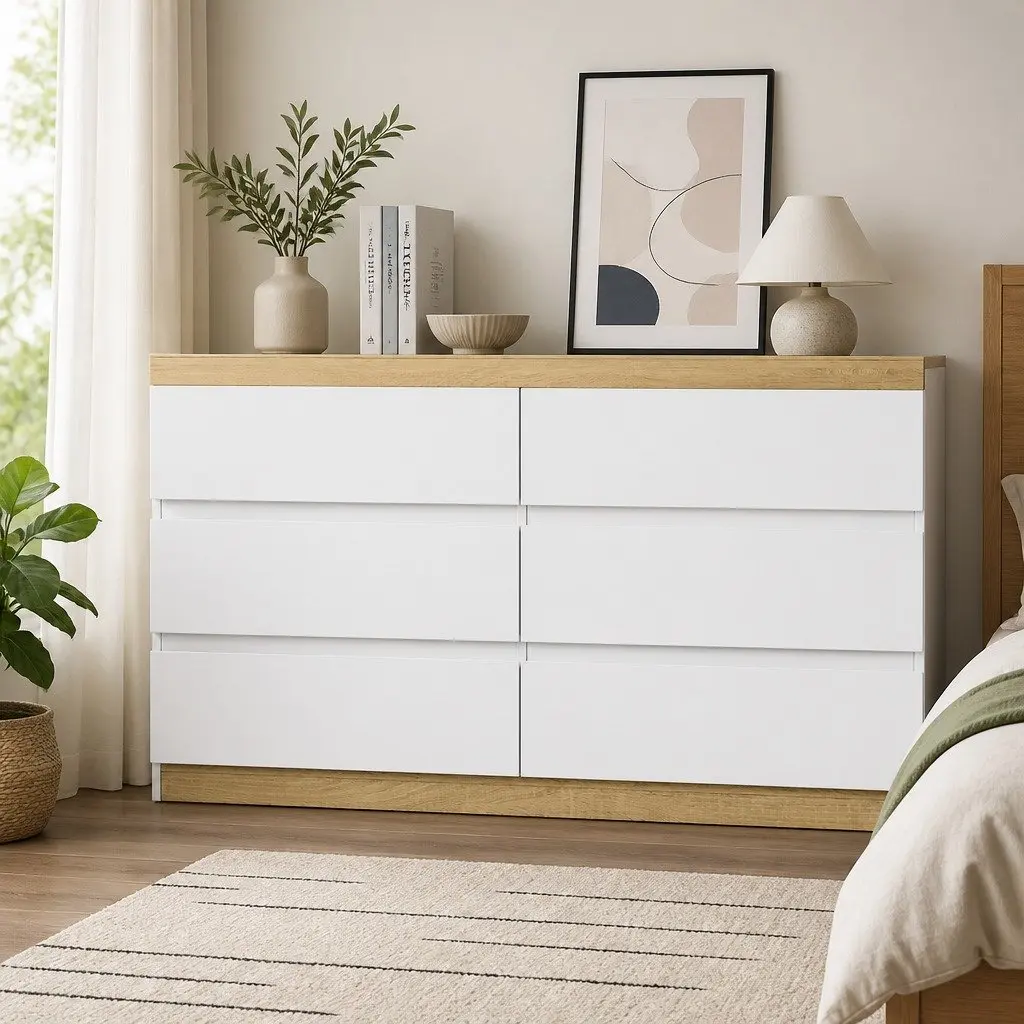 6 Drawer Chest for Bedroom Storage in White Oak