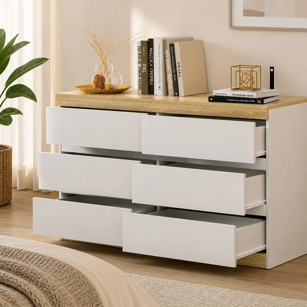 6 Drawer Chest for Bedroom Storage in White Oak