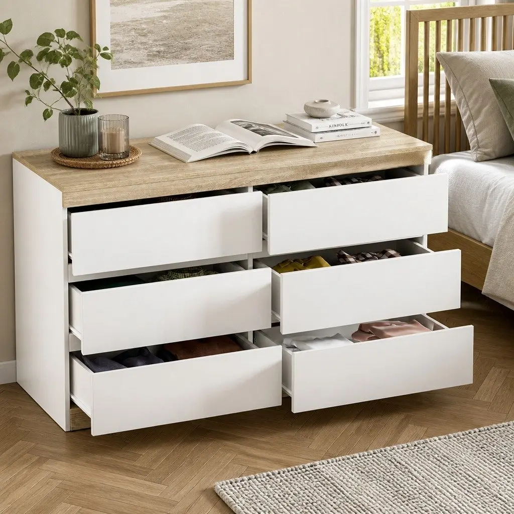 6 Drawer Chest for Bedroom Storage in White Oak