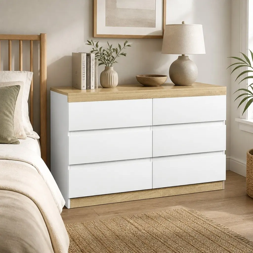 6 Drawer Chest for Bedroom Storage in White Oak