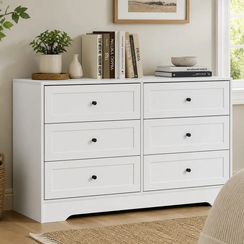 White Chest of Drawers with 6 Storage Drawers