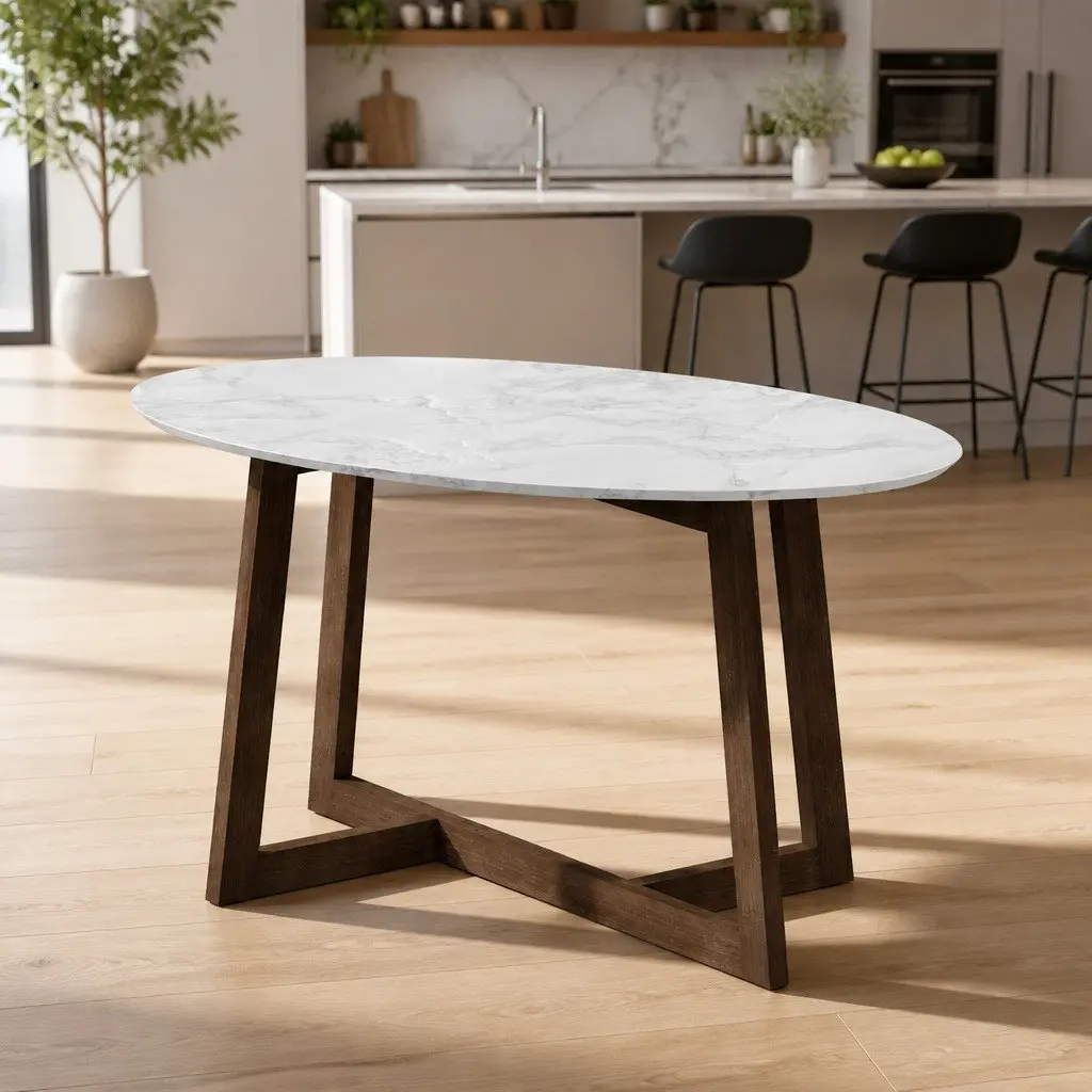 Oval Coffee Table Marble Effect Walnut Living Room Furniture Modern Design Easy