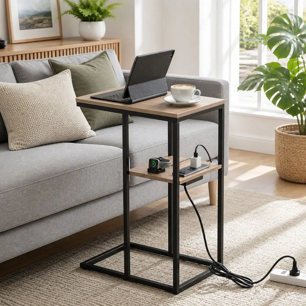 C-Shaped End Table Charging Station Wood and Black 40cm W x 26cm D x 65cm H E1 MDF and Metal Frame