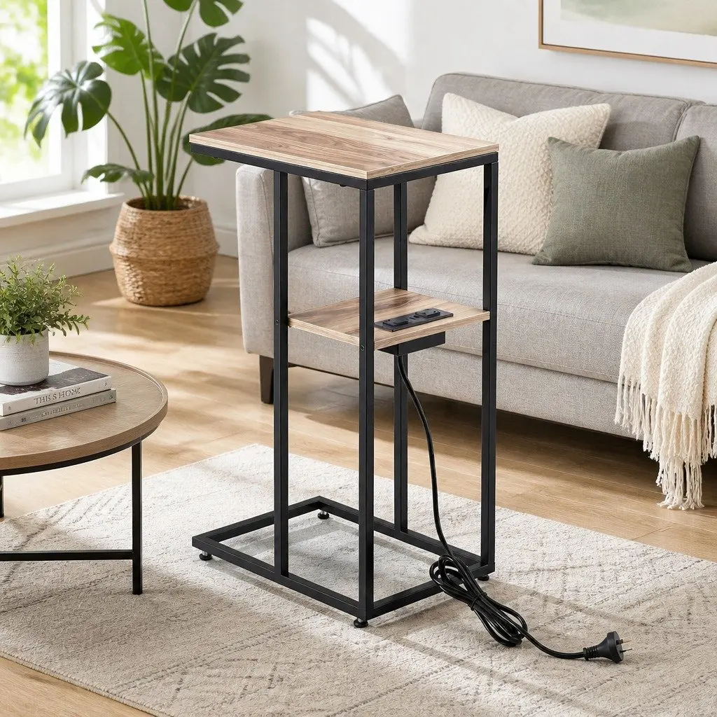 C-Shaped End Table Charging Station Wood and Black 40cm W x 26cm D x 65cm H E1 MDF and Metal Frame