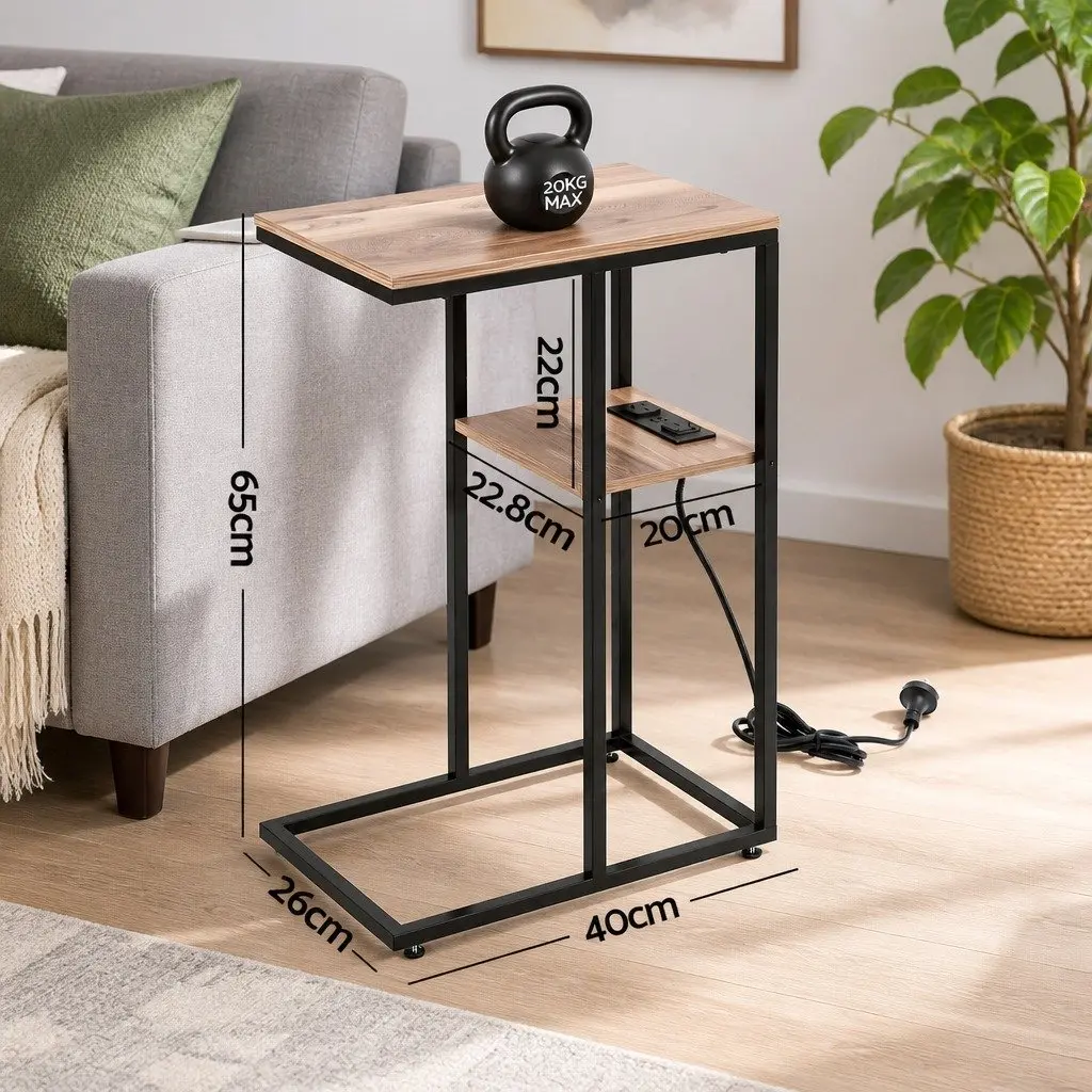 C-Shaped End Table Charging Station Wood and Black 40cm W x 26cm D x 65cm H E1 MDF and Metal Frame