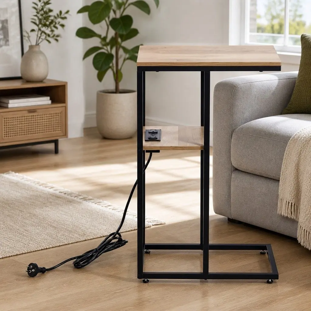 C-Shaped End Table Charging Station Wood and Black 40cm W x 26cm D x 65cm H E1 MDF and Metal Frame