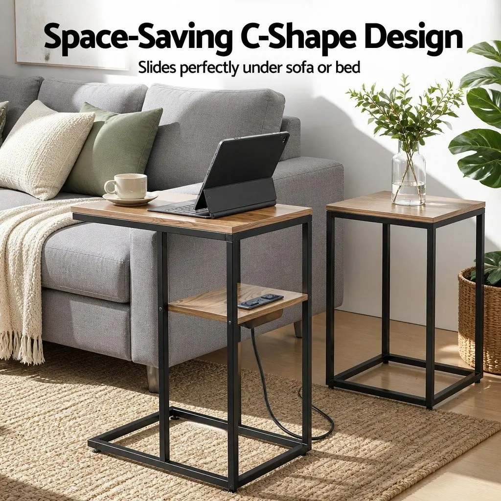 C-Shaped End Table Charging Station Wood and Black 40cm W x 26cm D x 65cm H E1 MDF and Metal Frame
