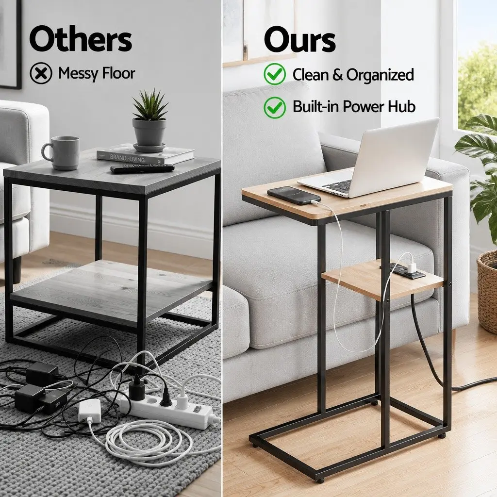 C-Shaped End Table Charging Station Wood and Black 40cm W x 26cm D x 65cm H E1 MDF and Metal Frame