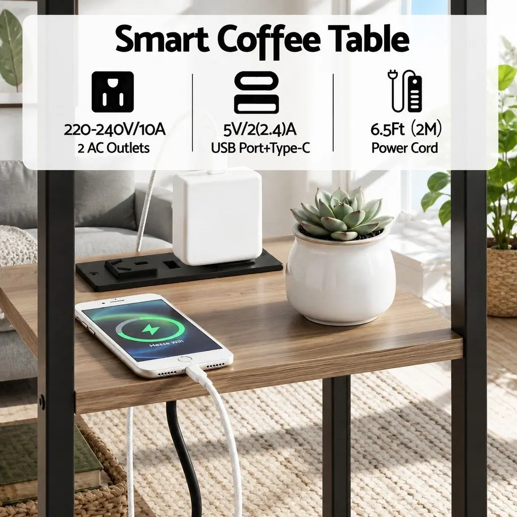 C-Shaped End Table Charging Station Wood and Black 40cm W x 26cm D x 65cm H E1 MDF and Metal Frame