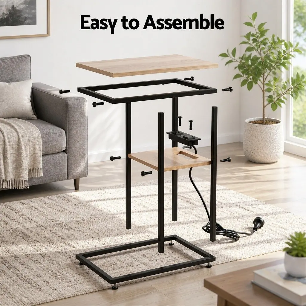 C-Shaped End Table Charging Station Wood and Black 40cm W x 26cm D x 65cm H E1 MDF and Metal Frame