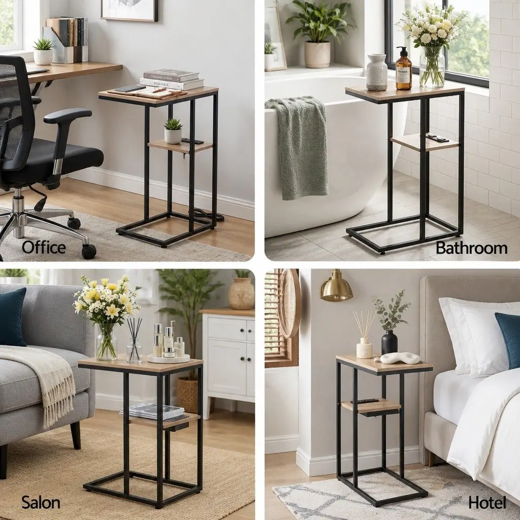 C-Shaped End Table Charging Station Wood and Black 40cm W x 26cm D x 65cm H E1 MDF and Metal Frame