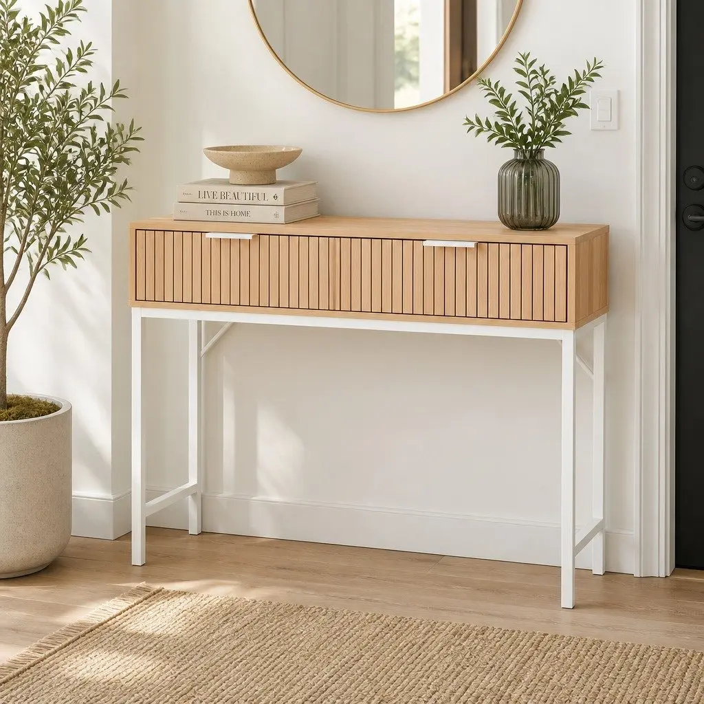 Pine Console Table with 2 Drawers for Entryway