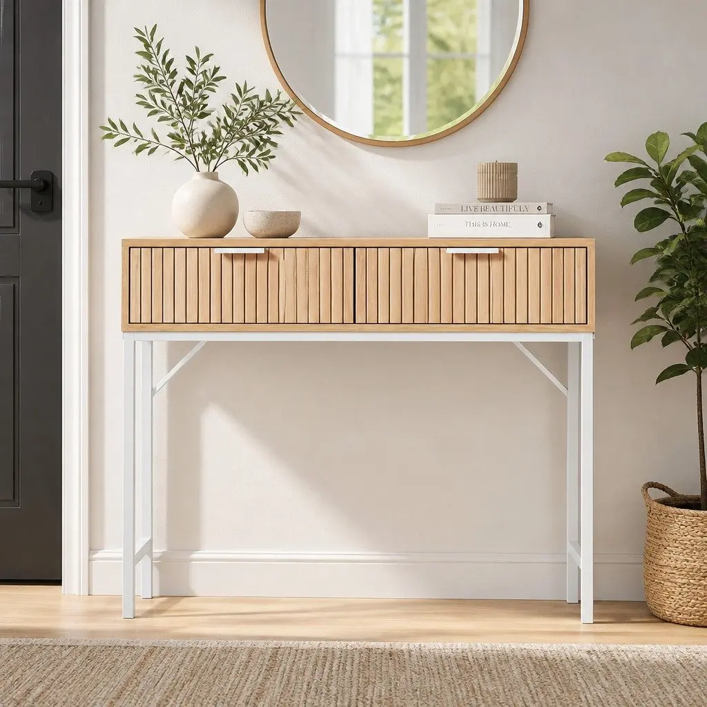 Pine Console Table with 2 Drawers for Entryway